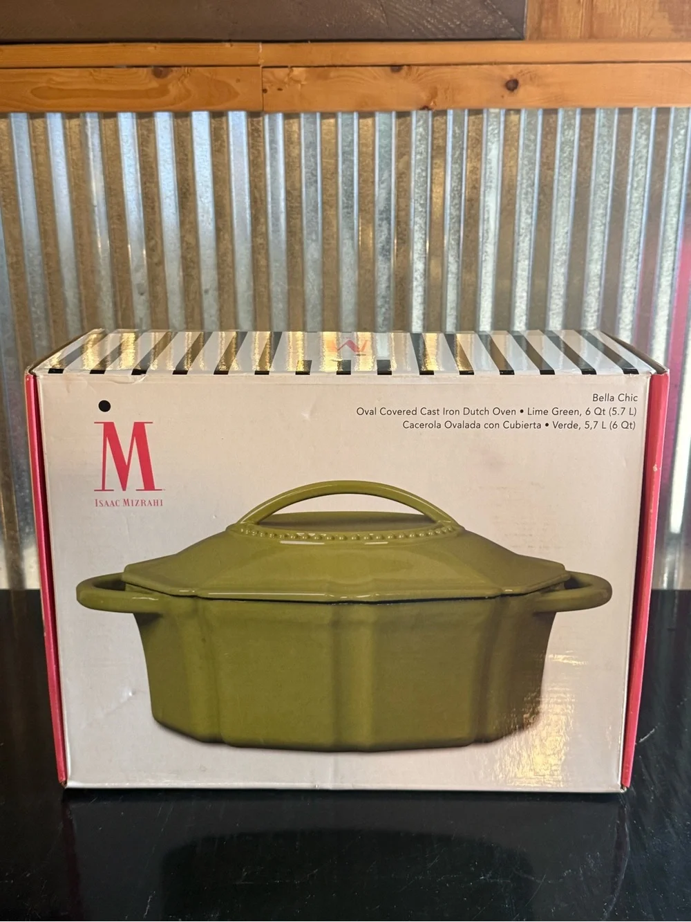 Isaac Mizrahi Bella Chic 6 Qt Oval Enameled Cast Iron Dutch Oven Lime Green NIB